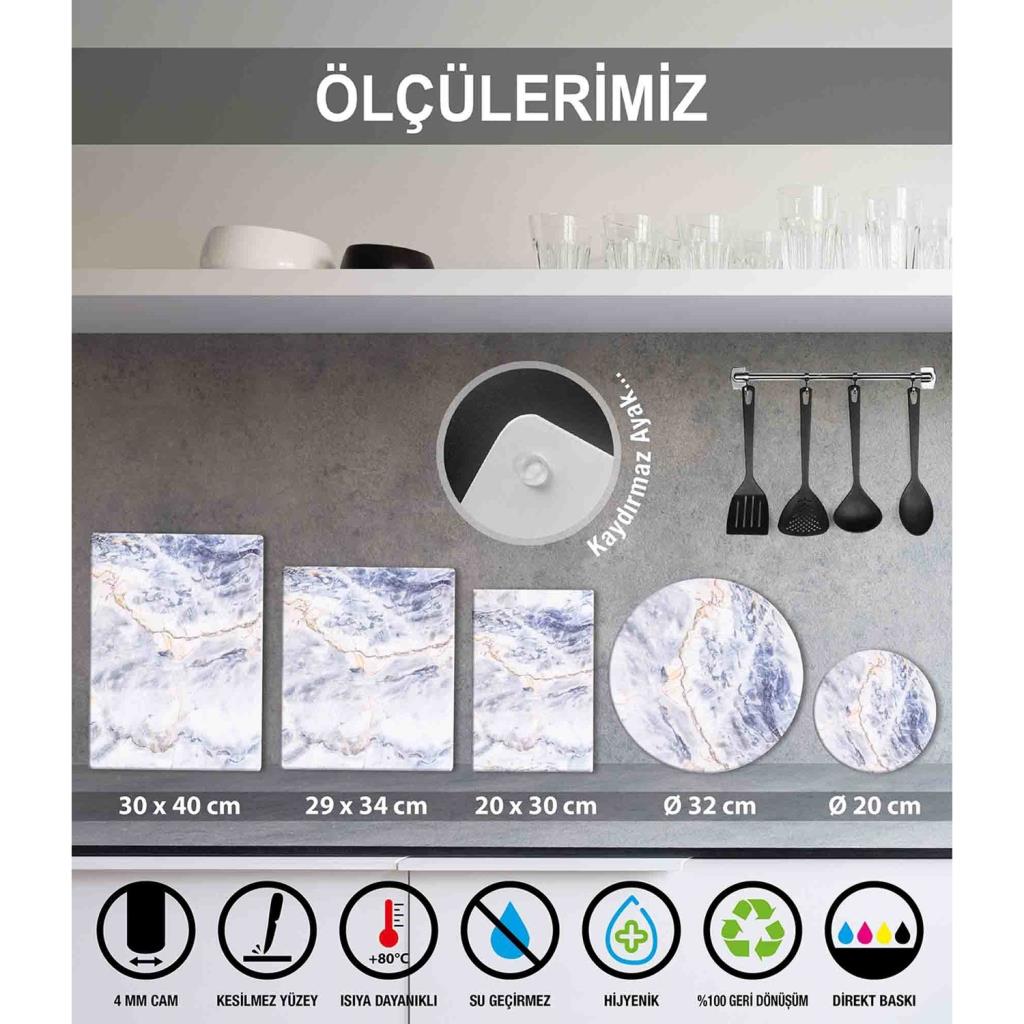 20x30cm - Siyah Yaldızlı Mermer - Cam Kesme Tahtası - Resim 4