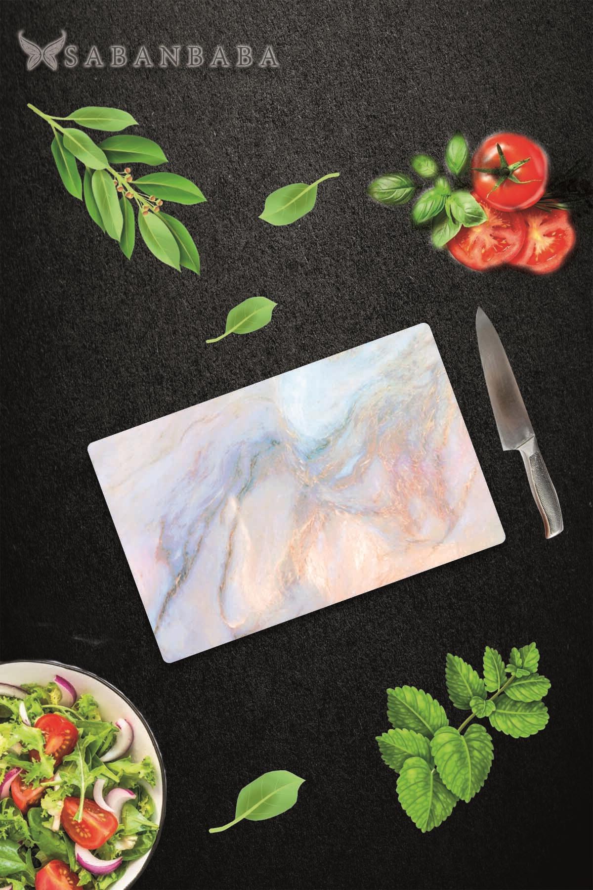20x30cm - Ezgi  Mermer Görünümlü - Cam Kesme Tahtası - Resim 1