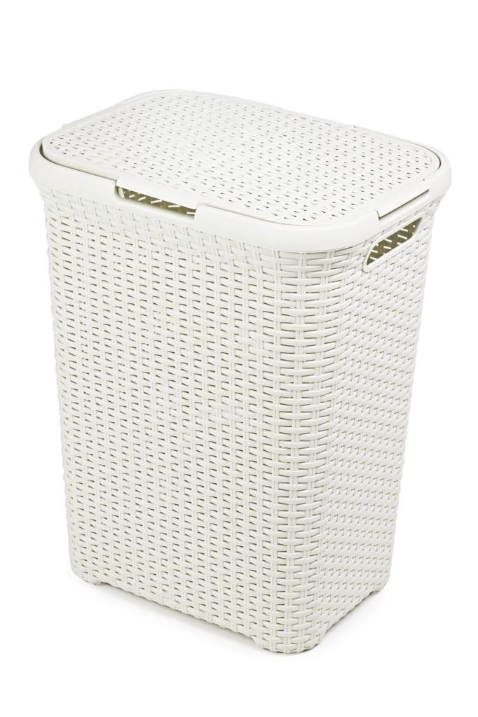 Beyaz, Plastik Hasır Desenli Kapaklı Çamaşır Sepeti – 55x43x33cm cm - Resim 3