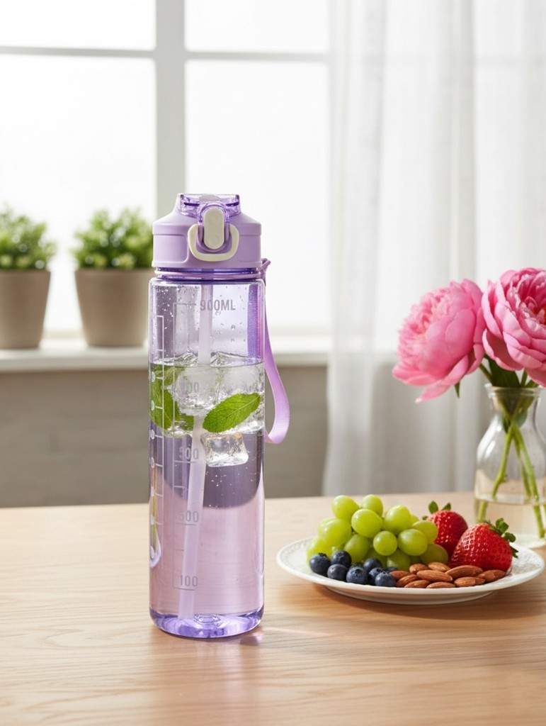 Mor, Şeffaf Pipetli Matara – 900 ml, Sızdırmaz Kapaklı Suluk - Resim 1
