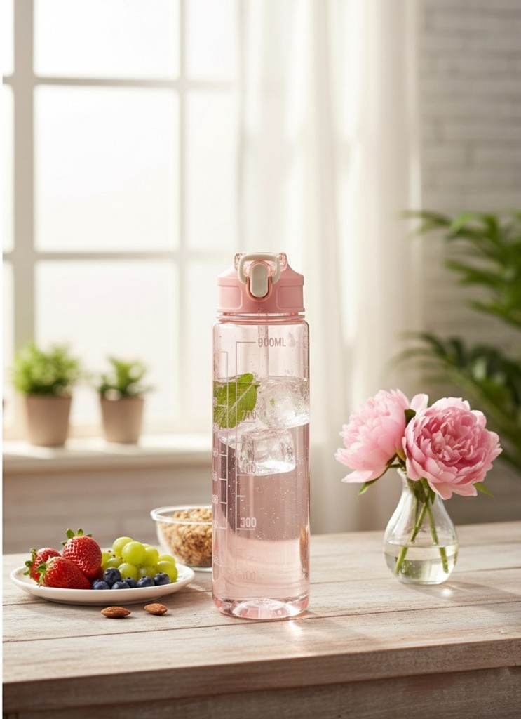 Pembe, Şeffaf Pipetli Matara – 900 ml, Sızdırmaz Kapaklı Suluk - Resim 1