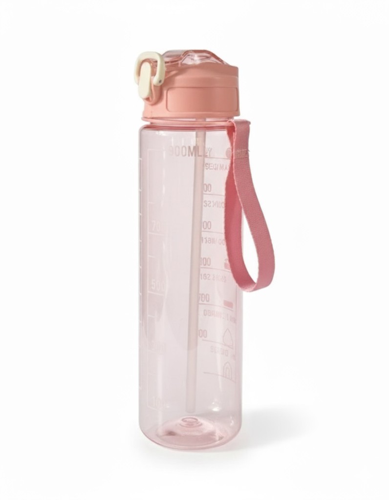 Pembe, Şeffaf Pipetli Matara – 900 ml, Sızdırmaz Kapaklı Suluk - Resim 2