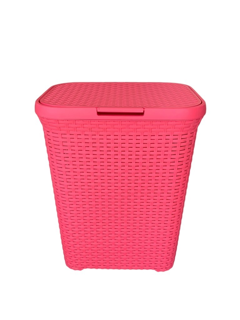 Pembe, Hasır Desenli Kapaklı Çamaşır Sepeti – 55x43x33cm - Resim 1