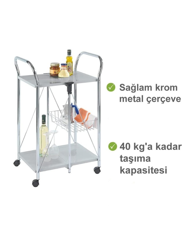Beyaz, Katlanabilir Tekerlekli Metal Raflı Servis Arabası - Resim 3