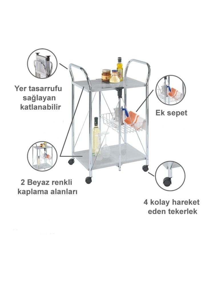 Beyaz, Katlanabilir Tekerlekli Metal Raflı Servis Arabası - Resim 4