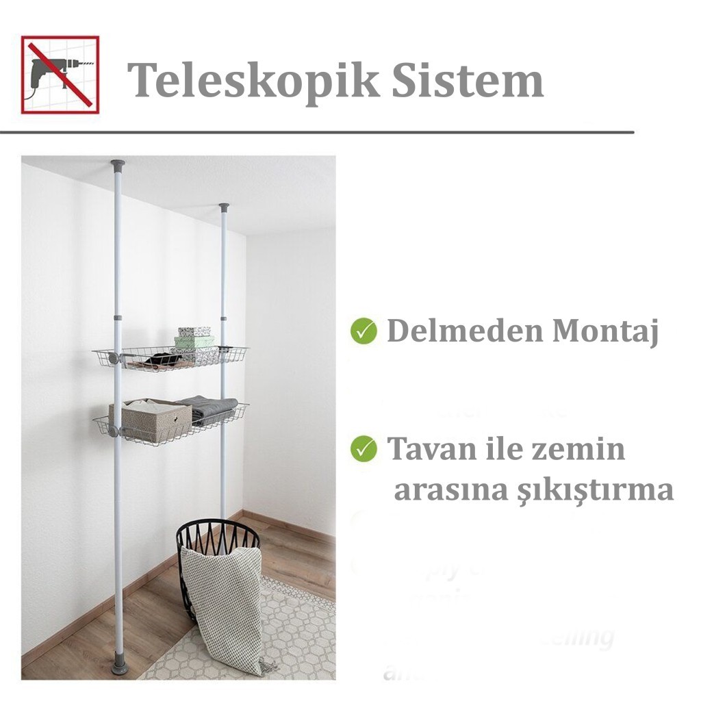 Gri, Sepet Raf 2 Adet – Teleskopik Sistem Uyumlu Tek Modül - Resim 4
