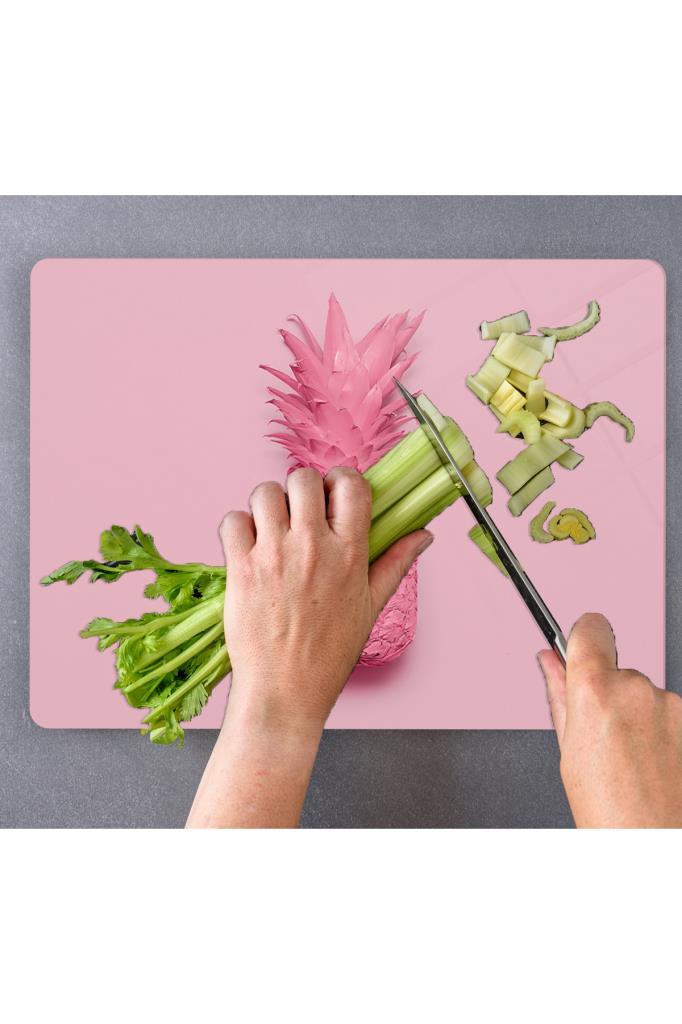 30x40cm - Pembe Ananas Desenli - Cam Kesme Tahtası - Resim 1