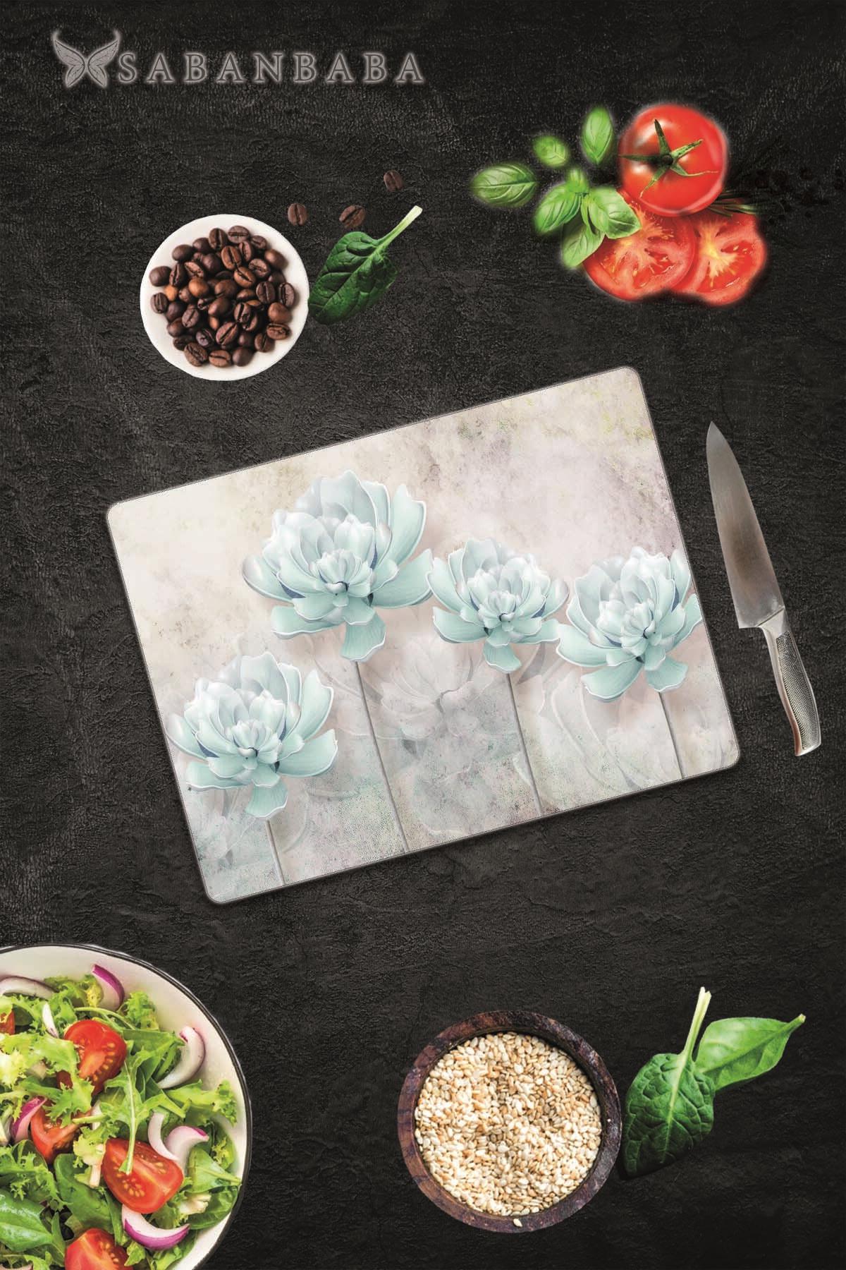 30x40 cm Cam Kesme Tahtası Mavi Çiçekler - Resim 1
