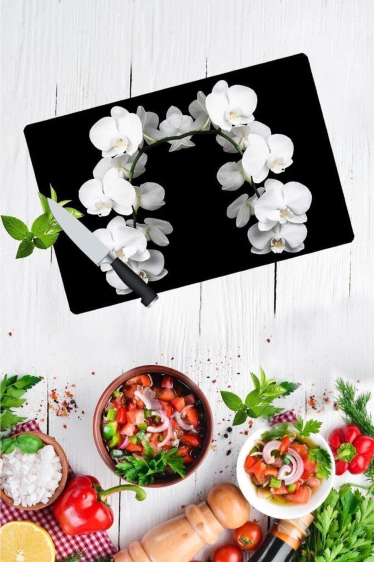 30x40 cm Cam Kesme Tahtası Beyaz Orkide - Resim 1