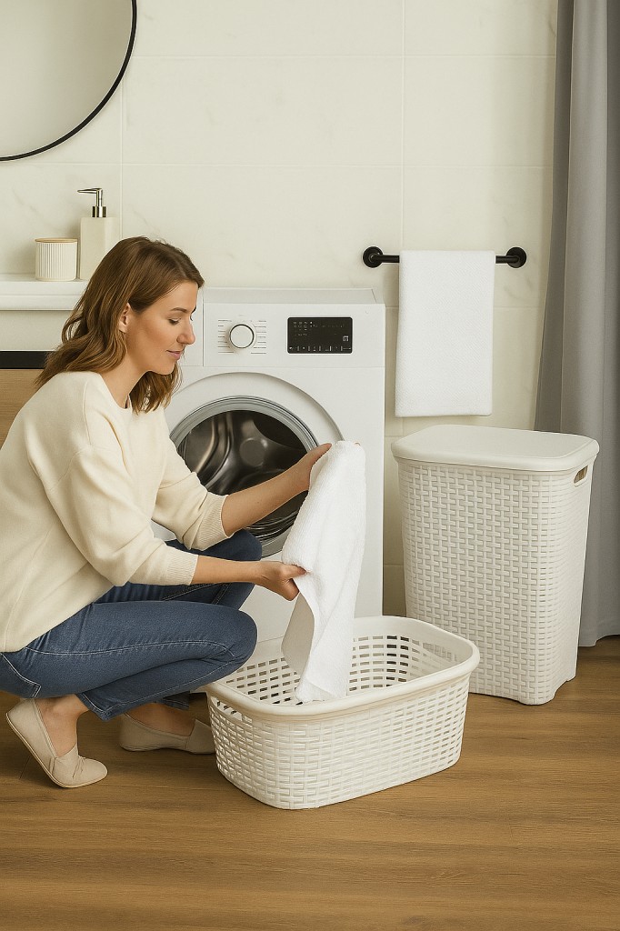 2'li Set Hasır Desenli Plastik Beyaz Çamaşır Sepeti & Beyaz Çamaşır Selesi - Resim 1